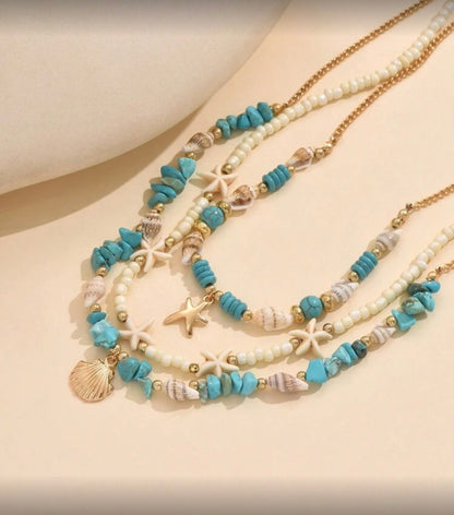 3pcs Set Turquoise Shell & Pearl Beaded Necklace