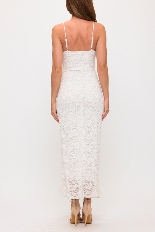 LACE PLEATED BUST RUFFLE SLIT MAXI DRESS
