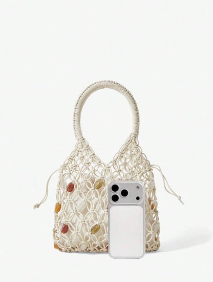 TOP HAND WOOVEN BEACH HANDBAG WITH COLORFUL BEADS