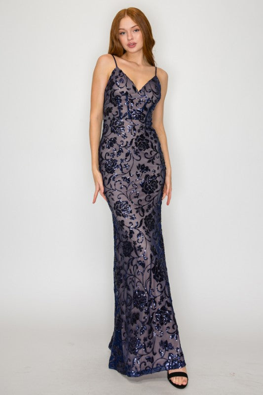 FLORAL SEQUIN CORSET MAXI COCKTAIL DRESS