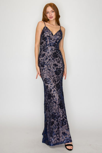 FLORAL SEQUIN CORSET MAXI COCKTAIL DRESS