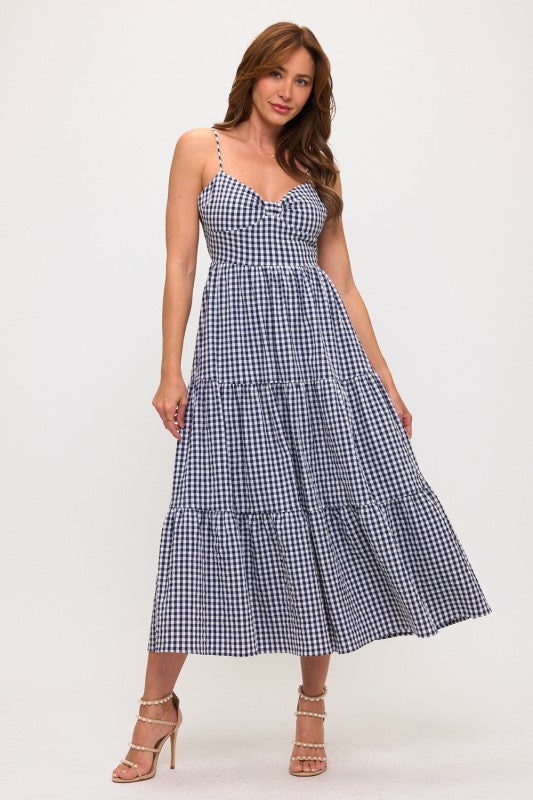 GINGHAM BOW BUST BACK TIE POPLIN MAXI DRESS
