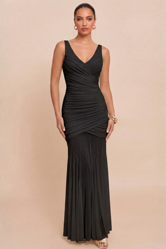 GATHERED MESH MAXI PARTY DRESS