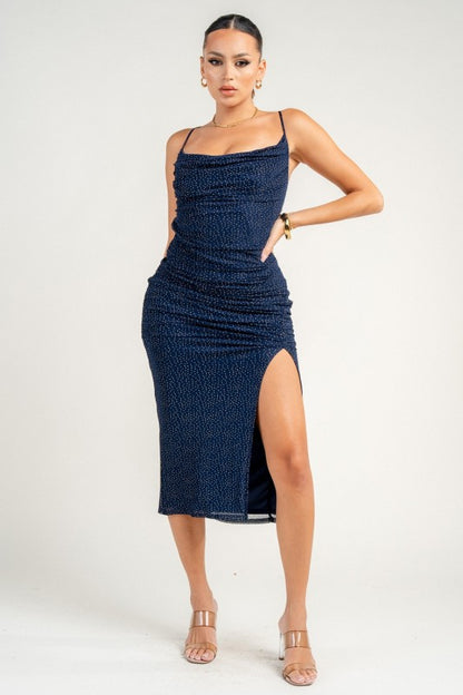 COWL NECK X BACK TIE FRONT SLIT RUCHING MIDI DRESS