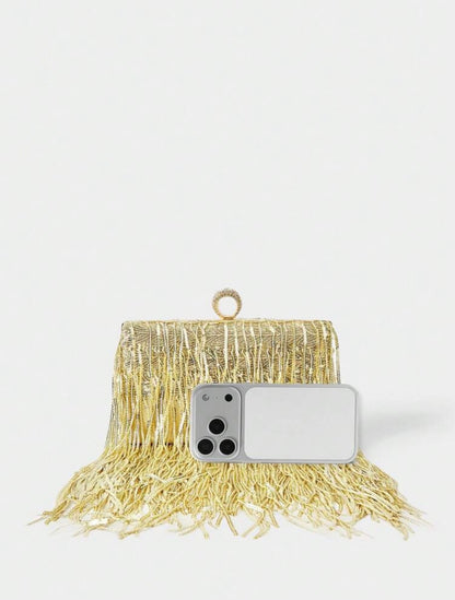 ELGANT RHINESTONE DRAWSTRING SEQUIN BOX-SHAPED EVENING CLUTCH
