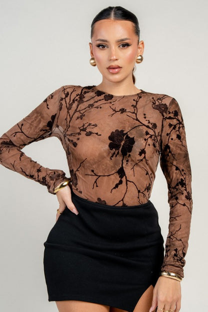 MESH VELVET FLOCKING LONG SLEEVE BODYSUIT