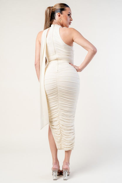 LUXE MESH ASYMMETRIC BACK DRAPED RUCHED MIDI DRESS