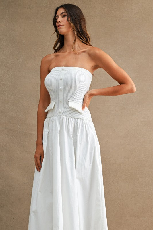 STRAPLESS RIBBED KNIT BODICE POPLIN MIX MAXI DRESS