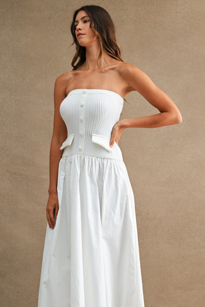 STRAPLESS RIBBED KNIT BODICE POPLIN MIX MAXI DRESS