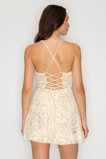 SEQUIN FIT AND FLARE MINI COCKTAIL DRESS