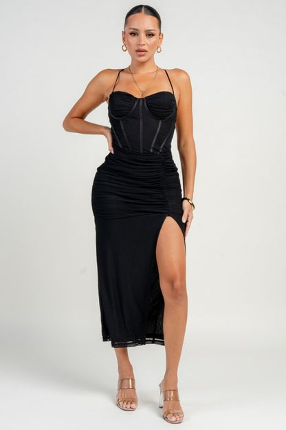 CORSET STRAPPING DETAIL FRONT SLIT MAXI DRESS