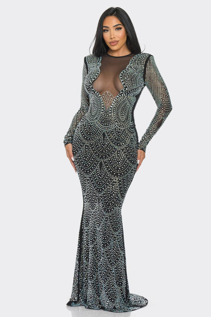 RHINESTONE EMBELLISHED LONG SLEEVE MAXI Cocktail DRESS