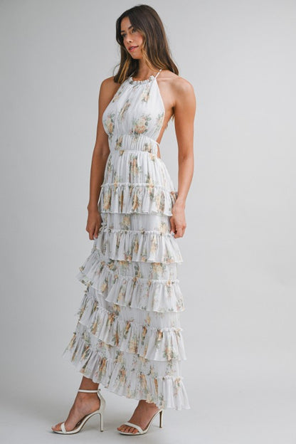 PRINTED FLORAL TIERED MIDI SUMMER DRESS
