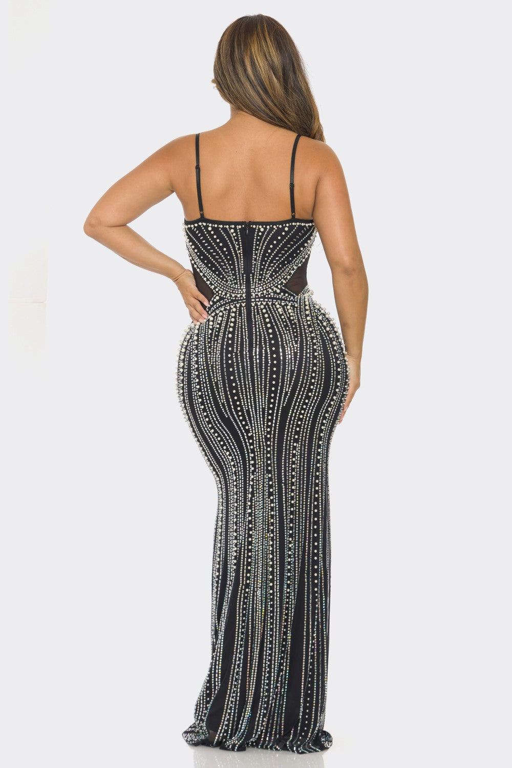 RHINESTONE/PEARL EMBELLISHED MAXI Cocktail DRESS