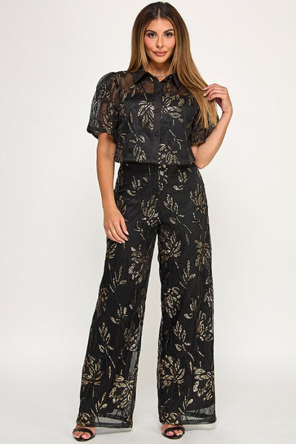 CROP BUTTON DOWN SEQUIN TOP WITH PANTS SET