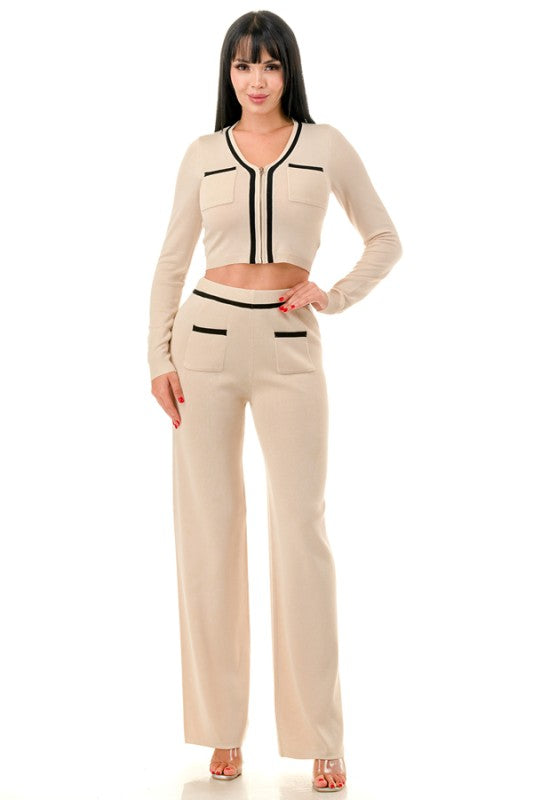 CROP TOP AND WID LEG PANTS KNIT MATCHING SET