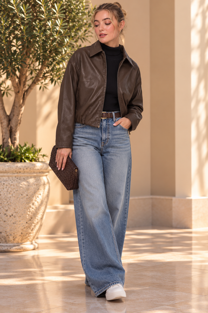 CROPPED FAUX LEAHER BOMBER JACKET
