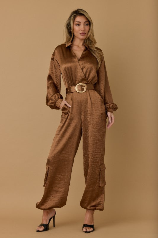 SATIN ELEGANT CARGO JUMPSUIT