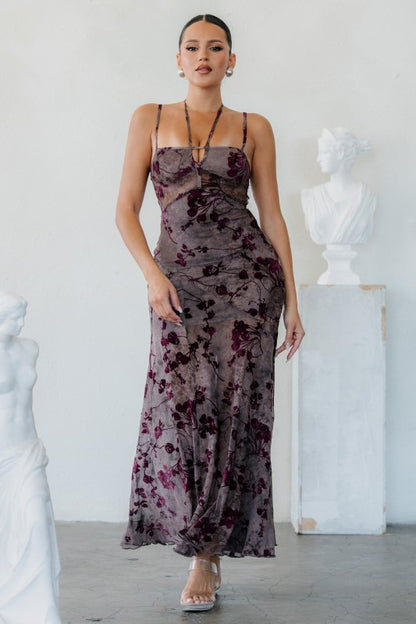 MESH FLOCKING MAXI PRINTED DRESS