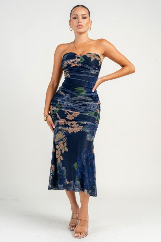 TUBE RUCHING MAXI FLARE PRINTED DRESS