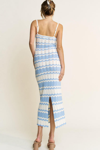 KNIT STRIPED FRONT CUT-OUT DETAIL MIDI DRESS