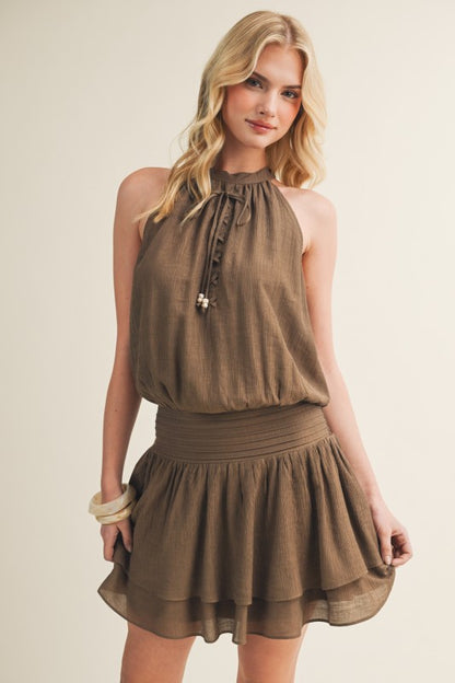 FRONT LACE UP HALTER MINI DRESS