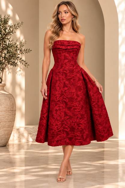 TEXTURED PUFF MIDI PARTY DRESS