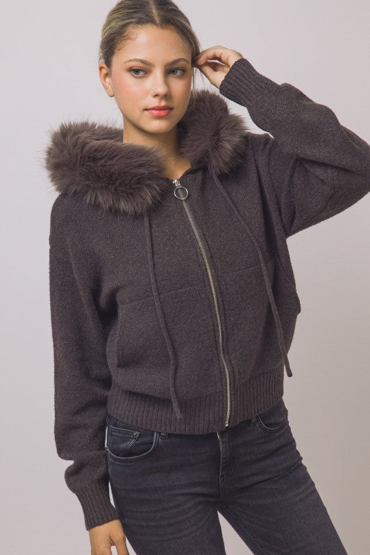 REMOVABLE FAUX FUR TRIM HOODED CARDIGAN