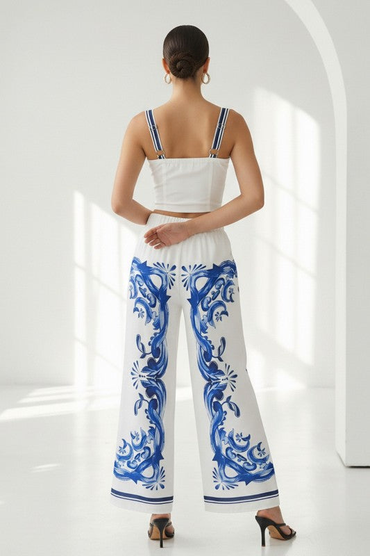 SLEEVELESS BUTTON DOWN TIE FRONT WAISTED TOP PANTS SET