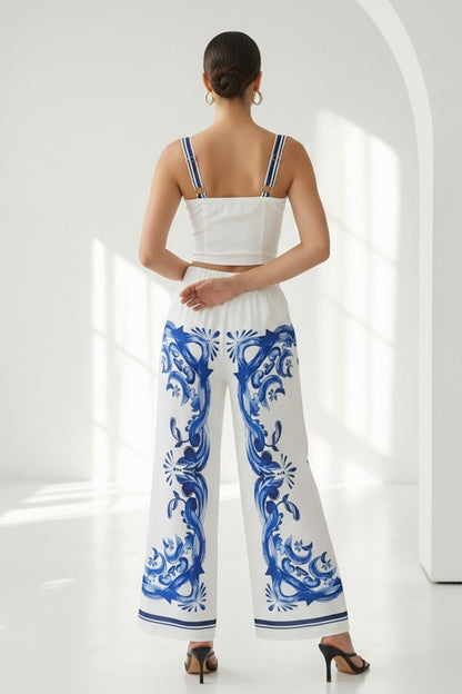SLEEVELESS BUTTON DOWN TIE FRONT WAISTED TOP PANTS SET