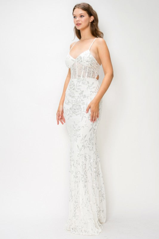 FLORAL SEQUIN MERMAID MAXI COCKTAIL DRESS