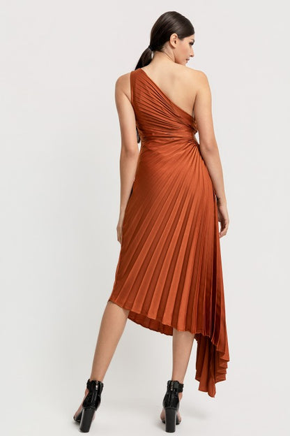 SOLID RUCHED PLEATED ONE SHOULDER HI LOW DRESS