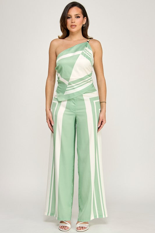 GEOMETRIC PRINTED ASYMMETRICAL TOP PANTS SET