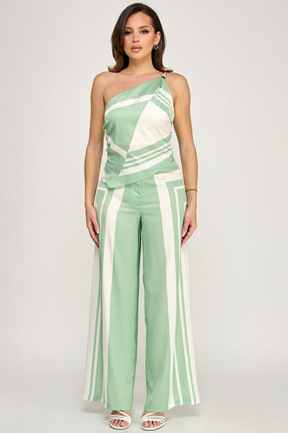 GEOMETRIC PRINTED ASYMMETRICAL TOP PANTS SET