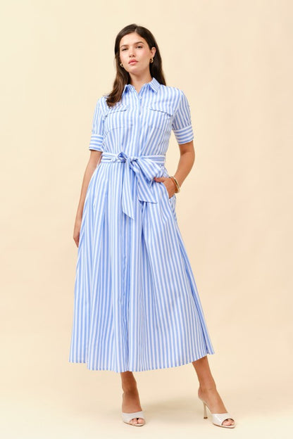 SHORT SLEEVES STRIPE BUTTON FRONT MIDI DRESS