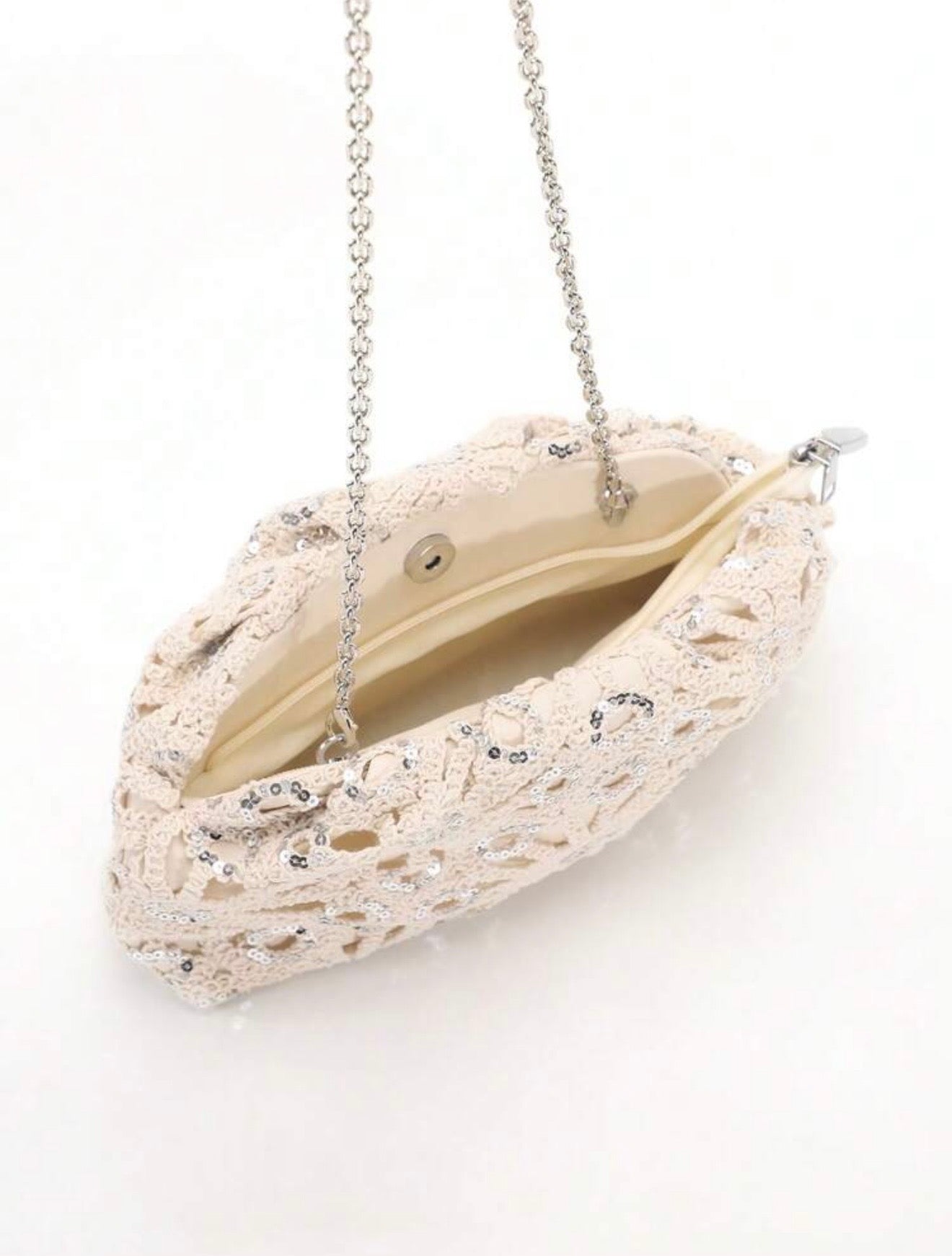 PVC SEQUINS PLEATED CLOUD MESH EMBROIDERED CLUTCH BAG