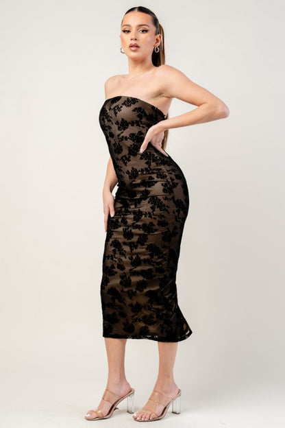 MESH VLEVET FLOCKING MIDI DRESS