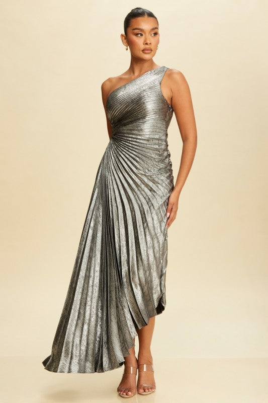 METALLIC PLEATED ONE SHOULDER DRESS