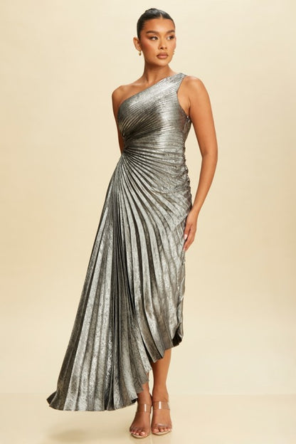METALLIC PLEATED ONE SHOULDER DRESS