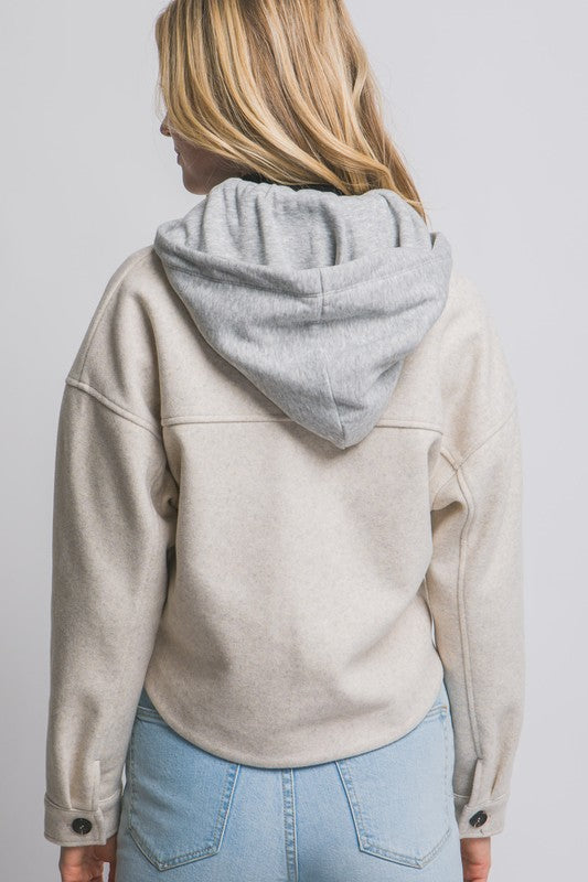 CROPPED FLEECE SHACKET WITH REMOVABLE HOOD