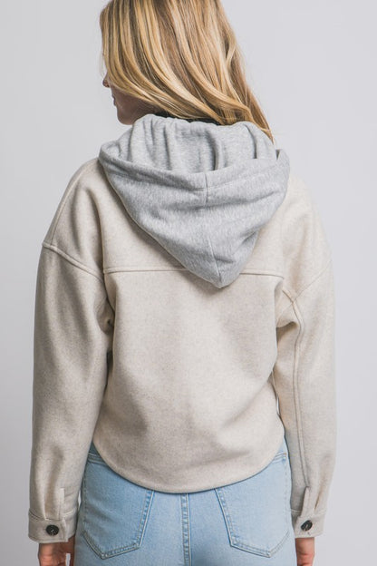 CROPPED FLEECE SHACKET WITH REMOVABLE HOOD