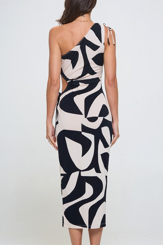 ONE SHOULDER SIDE CUT OUT MIDI PRINTED DRESS