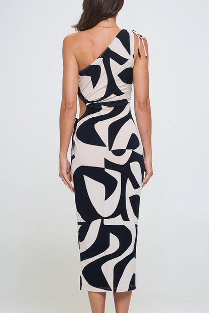 ONE SHOULDER SIDE CUT OUT MIDI PRINTED DRESS