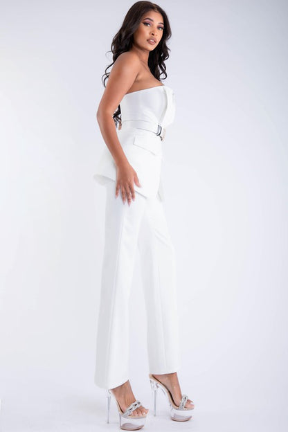 WOMEN STRAPLESS TUXEDO SUIT WITH BELT