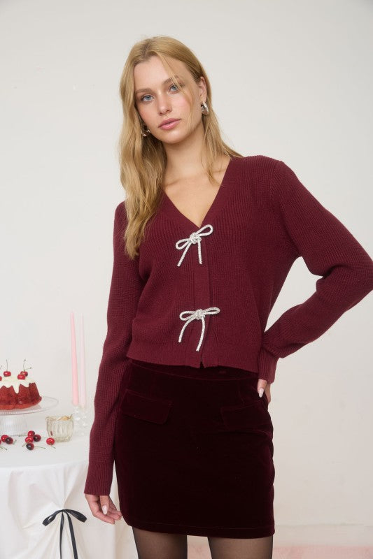 (FRONT JEWELED BOW DETAIL KNIT CARDIGAN