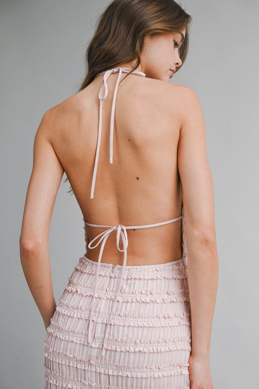 SMOCKED TIERED HALTER BODICE MIDI DRESS