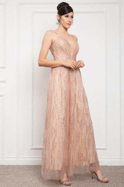 DEEP V NECK SPAGHETTI STRAP SEQUINED MAXI COCKTAIL DRESS