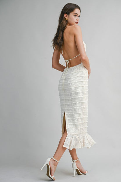 SMOCKED TIERED HALTER BODICE MIDI DRESS