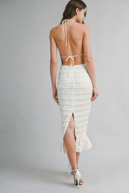SMOCKED TIERED HALTER BODICE MIDI DRESS