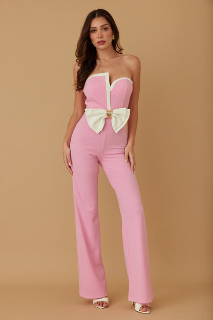 RIBBON BOW UNEVEN STRAPLESS JUMPSUIT